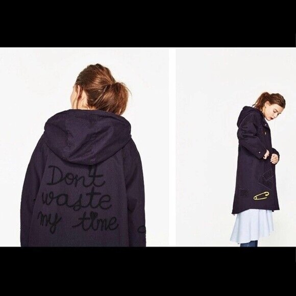 Zara Jackets & Blazers - Zara Don't Waste My Time Navy Utility Jacket Size XS Patches Applique READ Rare